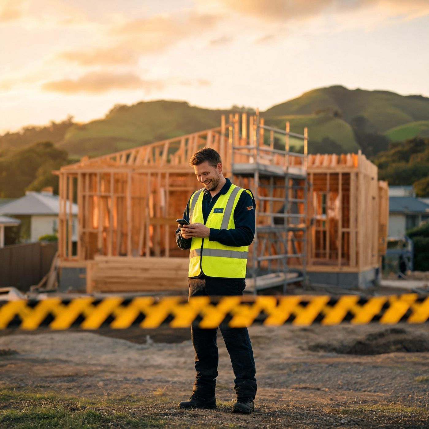 A New Zealand tradie in a hi-vis vest smiling at his phone on a building site at sunset