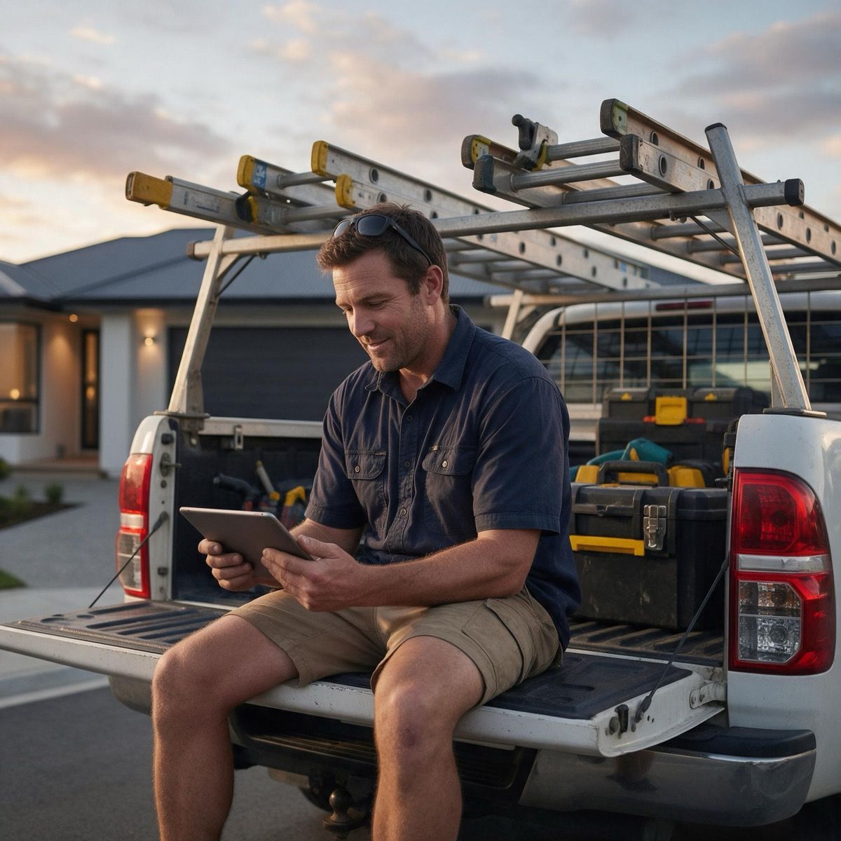 A tradie sitting on the tailgate of his ute, looking at a tablet outside a finished home